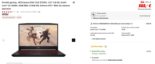 Portátil gaming MSI Katana GF66 12UC-873XES, 15.6" Full HD, Intel Core i5-12450H, 16GB RAM, 512GB SSD, GeForce RTX 3050 por 568€