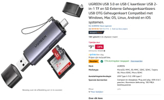 UGREEN USB-C en USB-A kaartlezer - USB 3.0 5Gbps voor €8,41 bij Amazon