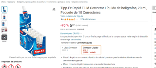 Tipp-Ex Rapid Fluid Corrector Líquido de boligrafos, 20 ml, Paquete de 10 Correctores por 5,30€