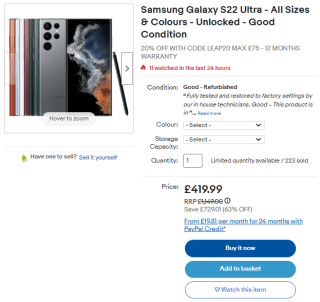 Gather Samsung Galaxy S22 Ultra at eBay for £359.09