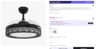 Ventilador de techo Jocca con plafón de 3 aspas transparentes con diámetro de 106 cm, con 6 velocidades, 3 opciones de luz por 59.49€