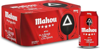 12 latas Mahou 5 Estrellas 33 cl, Cerveza Especial Dorada Lager edición Juego el Calamar por 6,64€