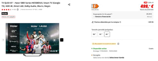 TV QLED 65" Haier S80E Series H65S80EUX, Smart TV (Google TV), HDR 4K, Direct LED, Dolby Audio, Dbx-tv por 499€