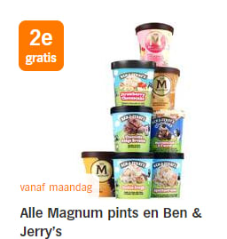 1+1 gratis op alle Ben en Jerry's IJs en Magnum Pints bij AH