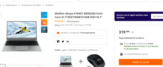 Portátil Medion Akoya E16401 MD62264 16,1" por 319€