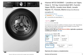 Hisense WF3S1043BW3 Lavadora con Vapor, Clase A, 10.5 kg, Conectividad WiFi por 299€