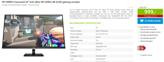 HP OMEN Transcend 32" inch Ultra HD 240Hz 4K OLED gaming monitor voor €999 bij Megekko