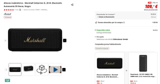 Altavoz inalámbrico Marshall Emberton II, 20 W, Bluetooth, Autonomía 30 Horas por 109€