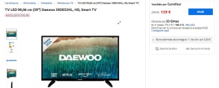 Televisión 39 pulgadas Daewoo 39DE53HL, HD, Smart TV por 159€