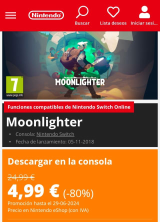 Moonlighter Nintendo Switch por 4,99€.