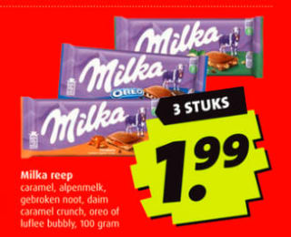 3 Milka repen 100g voor €1,99 bij de Boni