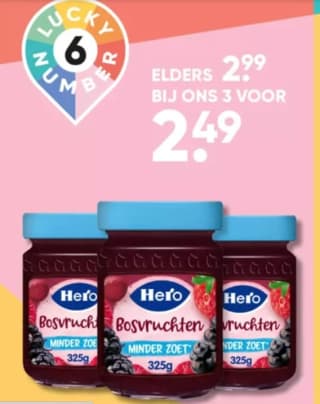 Hero Jam Minder Zoet Bosvruchten 325g, 3 stuks voor €2,49 bij de Big Bazar