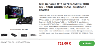 MSI GeForce RTX 5070 12G GAMING TRIO OC videokaart voor €732 bij Proshop