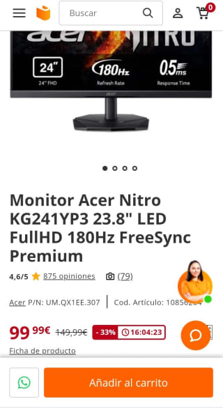 Monitor Acer Nitro 23,8" LED FullHD por 99,99€.