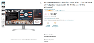 Monitor LG UltraWide 29" WFHD IPS HDR10 por $3,537 en Amazon