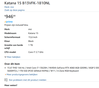 MSI Katana 15 B13VFK-1810NL - Gaming laptop - 15.6 inch - 144Hz voor €946,90 bij Amazon
