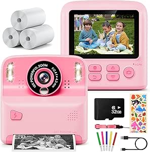 Cámara Fotos Infantil Instantánea 1080P con Tarjeta SD 32GB,Bolígrafos de Colores y Papel de Impresión por 19,99€