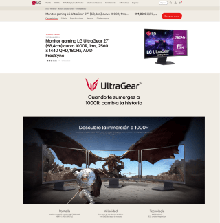 Monitor Gaming LG UltraGear 27" curvo 100R 1ms 2560 x 1440 QHD 180Hz AMD FreeSync por 171,90€