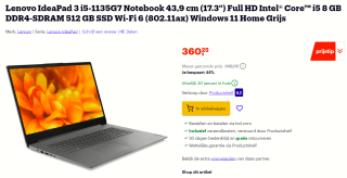 LENOVO IDEAPAD 3 - 17.3 inch - Intel Core i5 - 8 GB - 512 GB voor €360,25 bij Bol.com