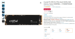 Disco duro Crucial P3 2TB M.2 PCIe Gen3 NVMe por 82,99€ y el de 4TB por 176,99€