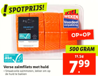 Verse zalmfilet met huid 500 gram voor €7,99 bij de Lidl