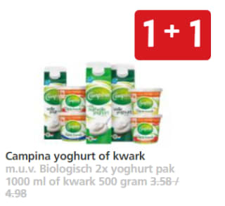 Alle Campina yoghurt of kwark 1+1 gratis bij jan Linders