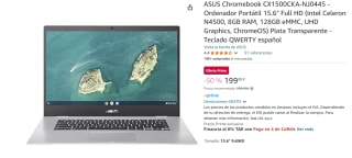 ASUS Chromebook CX1500CKA-NJ0445 - Ordenador Portátil 15.6" Full HD (Intel Celeron N4500, 8GB RAM, 128GB eMMC, UHD Graphics, ChromeOS) por 199€