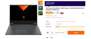 Ordenador Portatil Gaming HP Victus 16-e0101ns con AMD Ryzen 7 5800H de 16GB/512GB SSD por 829€
