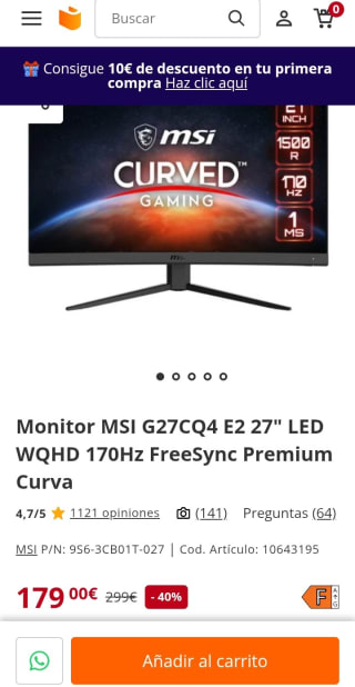 MSi Monitor 27" LED Curvo por 179€.