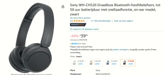 Sony WH-CH520 - Draadloze on-ear koptelefoon - Zwart voor €39 bij Amazon