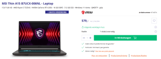 MSI Thin A15 B7UCX-006NL Ryzen 5 RTX 2050 Gaming laptop voor €579 bij Azerty