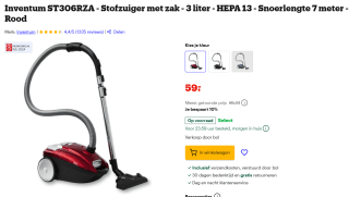 Inventum ST306RZA - Stofzuiger met zak - 3 liter voor €59 bij Bol