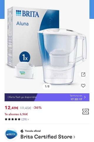 Pack Jarra de Agua con Filtro BRITA Aluna 2,4L con 1 Filtro Blanco por 8,74€.