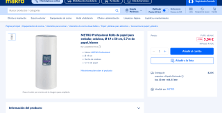 Metro Professional Rollo de papel para embalar celulosa Ø 19 x 50cm, 5.7 m blanco por solo 5,34€