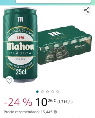 Mahou Clasica, Cerveza Mahou Dorada Lager, Pack de 24 Latas x 25 cl por 10,26€.
