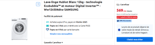 Lave-linge connecté Samsung WW12T504DTW - 12Kg, 1400trs/mi à 569,99€n, Moteur induction, Mode Vapeur