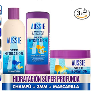 Pack Aussie : Hidratación Profunda: Champú Vegano 300 ml + Mascarilla Capilar 450 ml + Aussie 3 Minute Miracle, Mascarilla Tratamiento 225 ml por13,29€