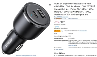 UGREEN 69W Type C PD PPS 2.0 Snellader voor in de auto €16,99 bij Amazon