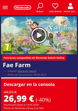 Fae Farm Nintendo Switch por 26,99€.