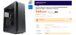 Torre PcCom Bronze Intel Core i5-10400F/8GB/480GB SSD/GTX 1650 + Windows 11 Home por 549€