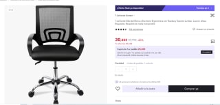 Silla de Escritorio Ergonómica con Ruedas y Soporte Lumbar. Juvenil. Altura Regulable por 30.35€ (Cuenta Nueva 18.35€)