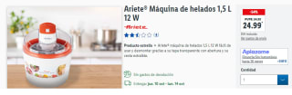 Máquina de helados 1,5 L 12 W Ariete® por 24.99€