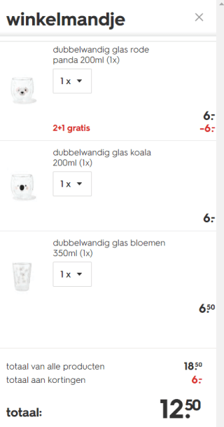 Dubbelwandige glazen 2+1 gratis bij de Hema