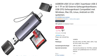 UGREEN USB-C en USB-A kaartlezer - USB 3.0 5Gbps voor €9,49 bij Amazon