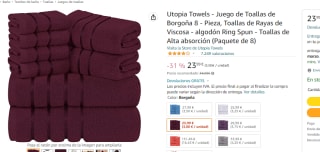 Juego de 8 toallas color borgoña por 23.99€
