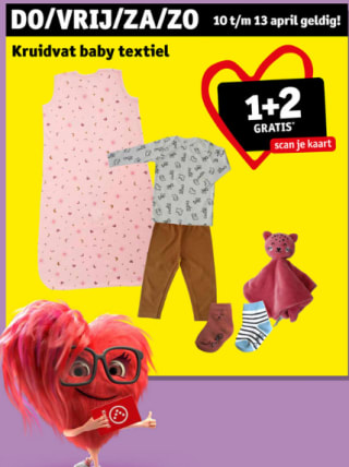 Alle baby textiel 1+2 gratis bij Kruidvat