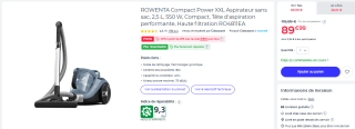 Aspirateur sans sac Rowenta Compact Power XXL - 2,5 L à 89,99€