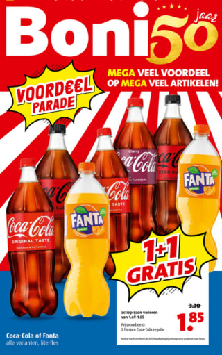 Coca-Cola & Fanta 1L - alle varianten 1+1 gratis bij Boni