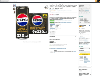 2 Pepsi zero sin cafeína Refresco de cola con cero azúcar y cero calorías, pack de 9 latas de 330 ml 18 latas por solo 6,68€