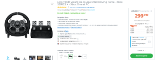 LOGITECH Volant de course G920 Driving Force - Xbox SERIES X - Xbox One et PC à 299,99€